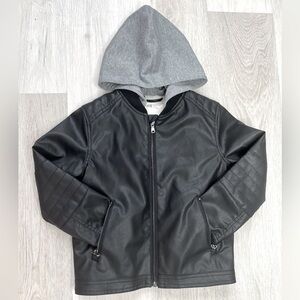 Boys H&M black faux leather jacket with detachable hood. Size 7.